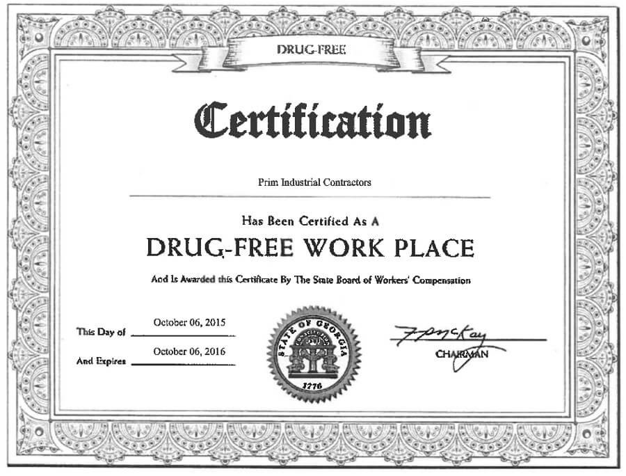 Drug Free Work Place Certificate